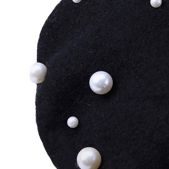 Cashmere Beret (Beaded) in Ivory or Black with White Simulated Pearls main image 8